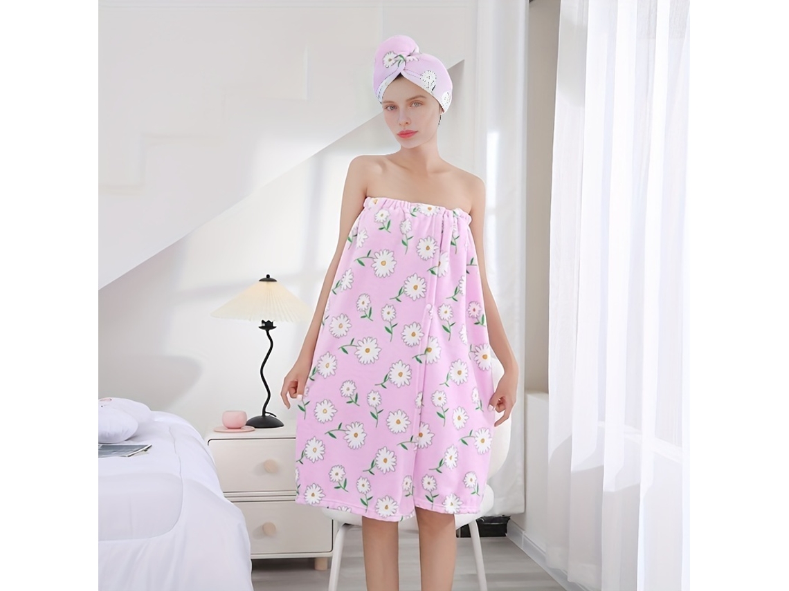 Conjunto De Baño: Bata Estampada + Secador De Pelo, Toalla De Forro Polar Coral. Perfecto Para Usar En Casa O Después De Un Baño En El Spa.