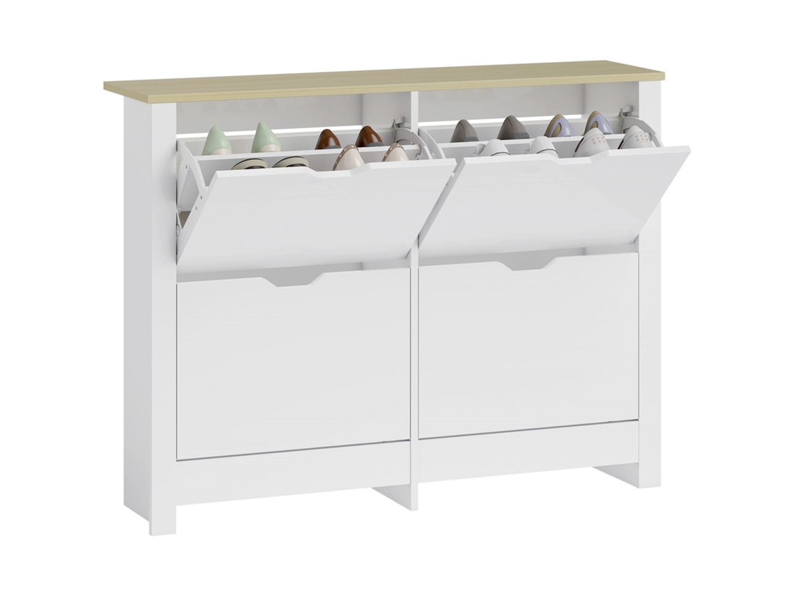 VPMKP - Homcom zapatero para 16 pares, diseño estrecho con 4 cajones abatibles y estantes ajustables, 105 x 26 x 80 cm, blanco y roble