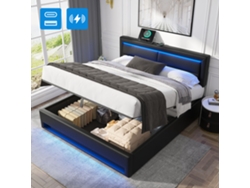 Cama De Poliuretano Negra De 140x200 Cm Con Led, Usb E Hidráulica.