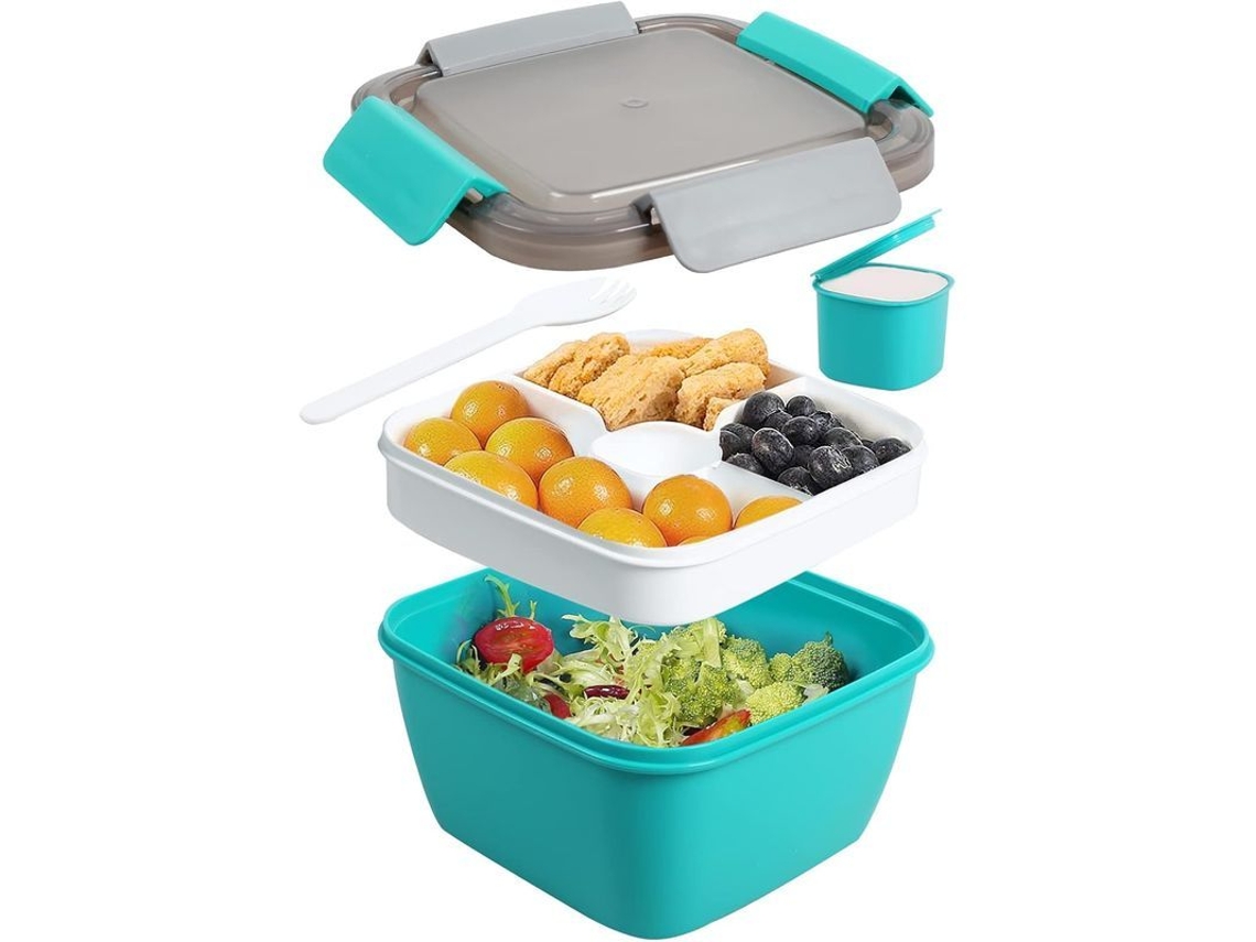 Recipiente Para Ensalada De 1,5 L Con 3 Compartimentos, Hermético, Cuchara Reutilizable Y Recipiente Para Aderezo (verde Oscuro)