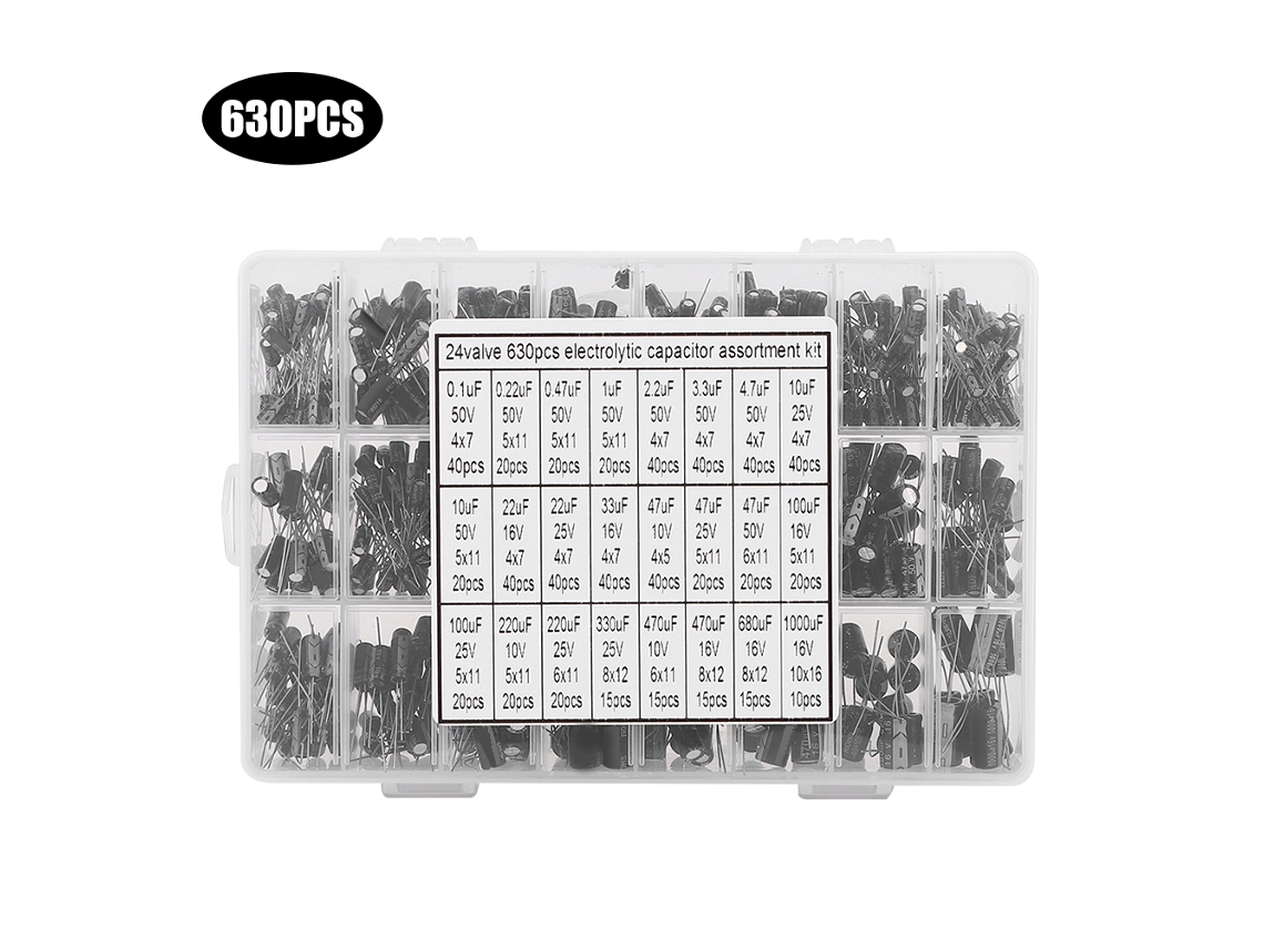 Kit De Condensadores Electrolíticos, 630 Piezas, 24 Modelos, 0,1 Μf-1000 Μf, 50 V, Con Estuche De Almacenamiento.