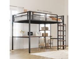 Litera de metal 140*200 cm, escalera de seguridad con barandillas, cama infantil con mesa y estante, valla de seguridad en tela metálica.