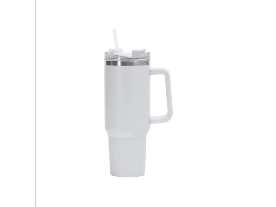 Taza térmica de viaje de doble pared, 1200 ml (40 oz), con asa y pajita. MDUG (blanca)