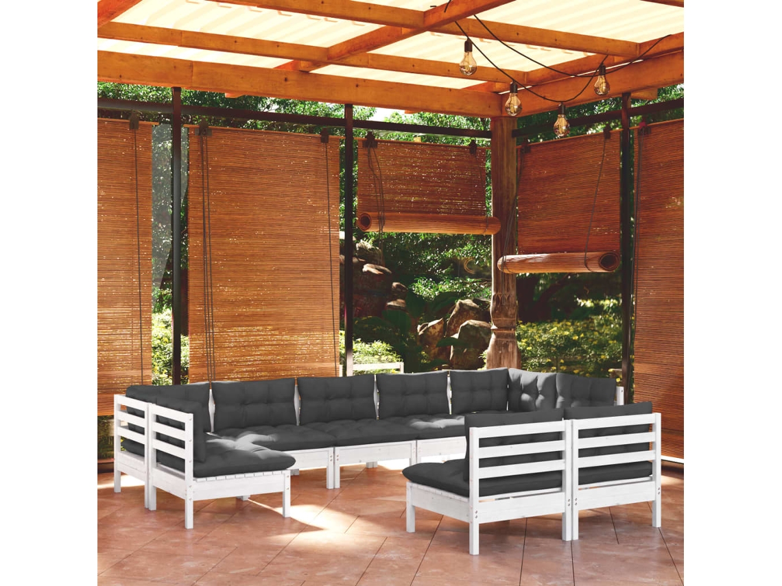 9 unidades Conjunto. Lounge De Jardim C/ Almofadões Pinho Maciço Branco Dkd Decoración Del Hogar