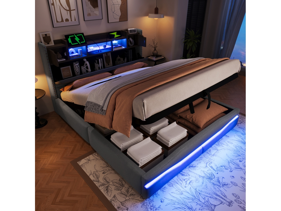 Cama De Terciopelo De 160x200 Con Cabecero Led Usb-c Y Diseño Moderno.