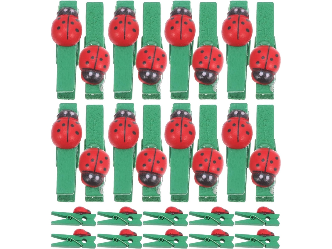 30 Pinzas Madera Forma Mariquita Verde Sujeción Segura Tarjetas Memoria Hogar Oficina Paquete Mini