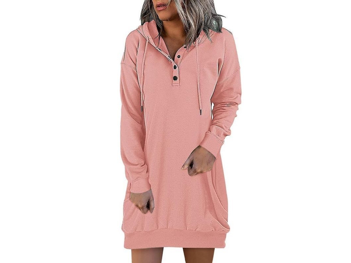 2026-12492-vestido De Sudadera Con Capucha Otoño Invierno Largo Manga Casual Algodón Solido Mujer S Rosa