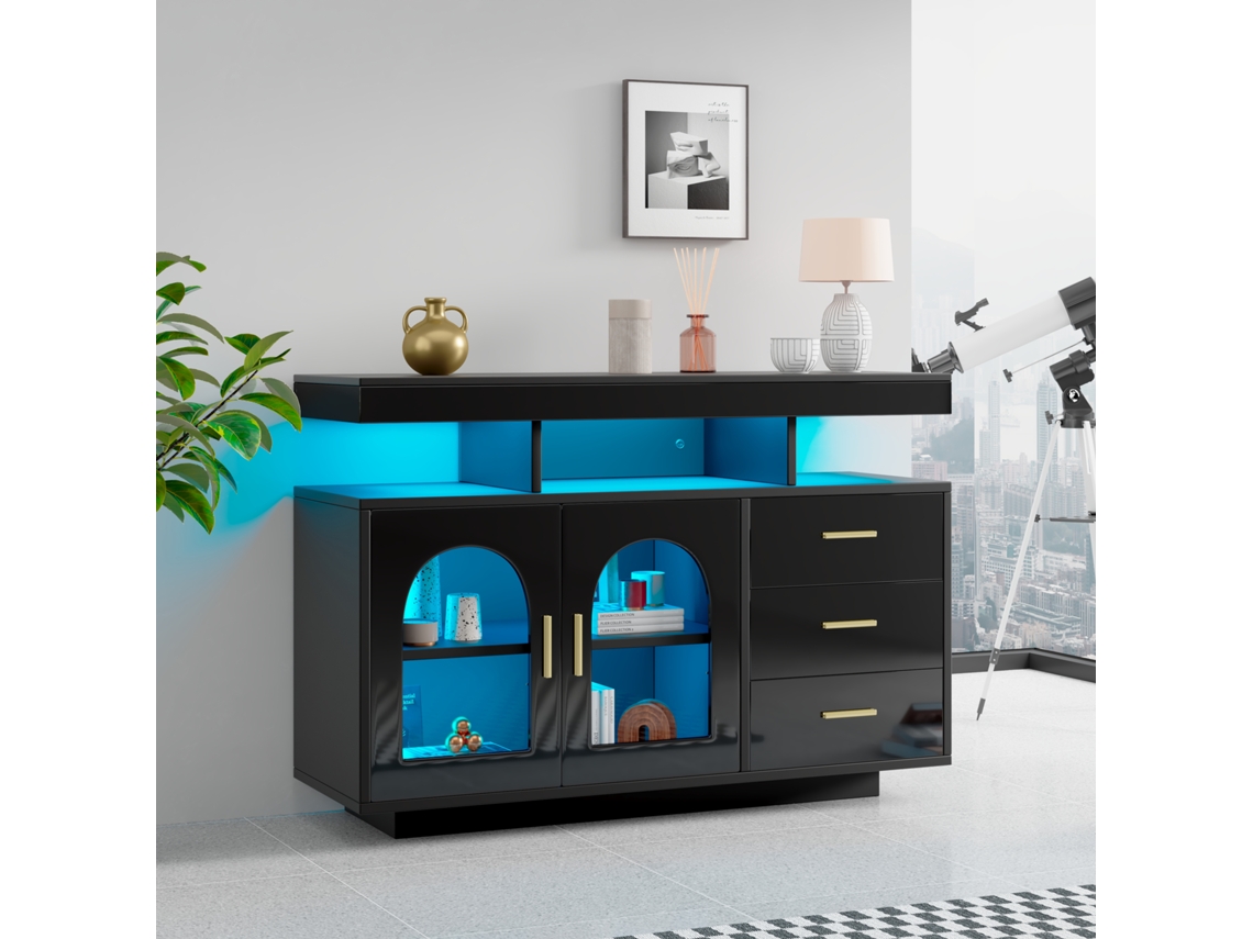 Aparador buffet LED de 120 cm con 16 luces de colores, negro Mobrio