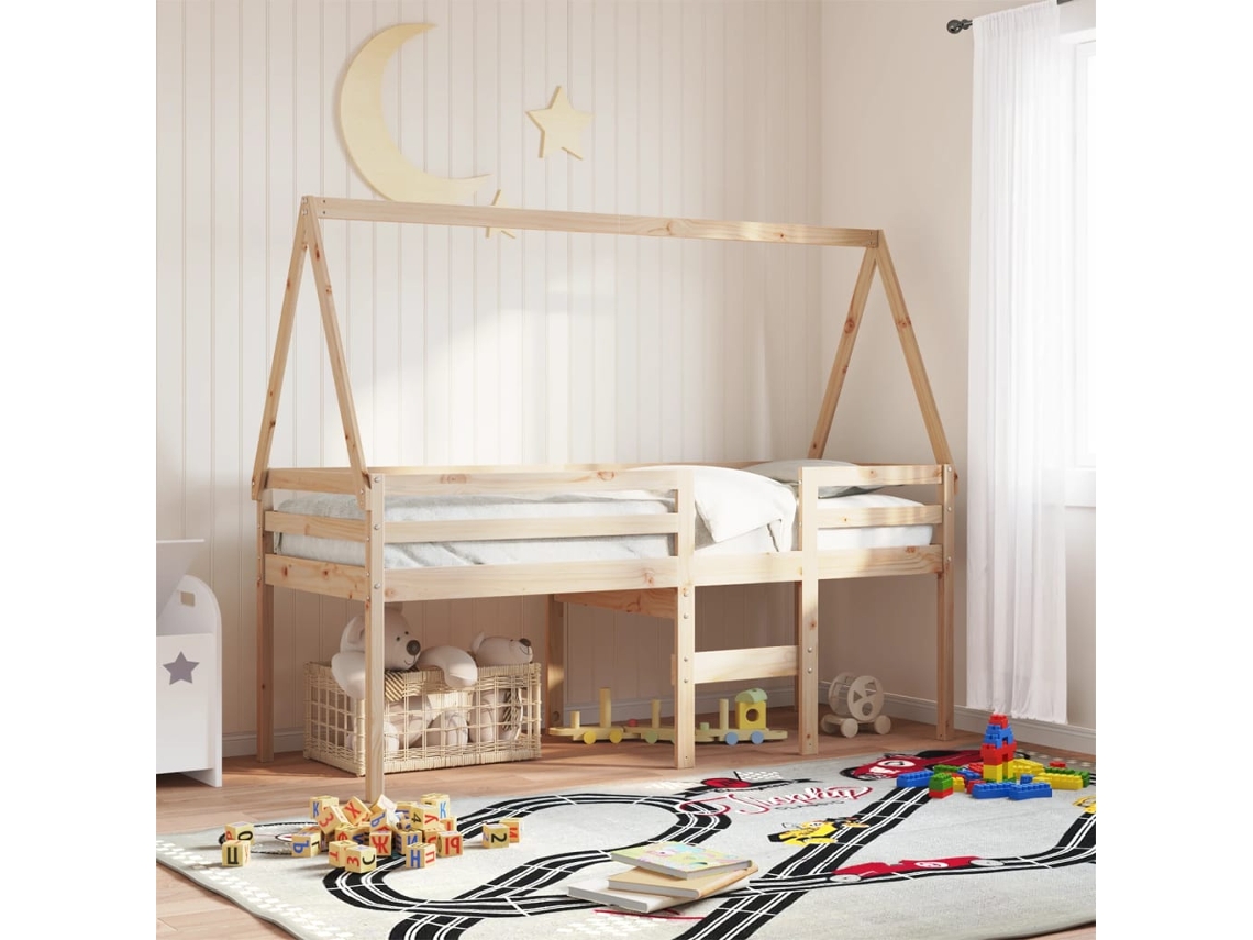Cama Alta Con Techo Madera Maciza De Pino 80x200 Cm