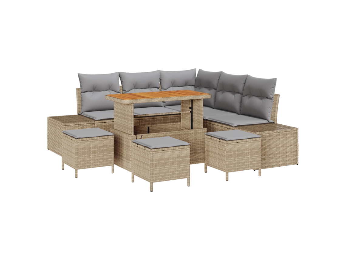 Conjunto de sofá de jardín Vidaxl de 9 piezas con cojines en ratán de acacia beige