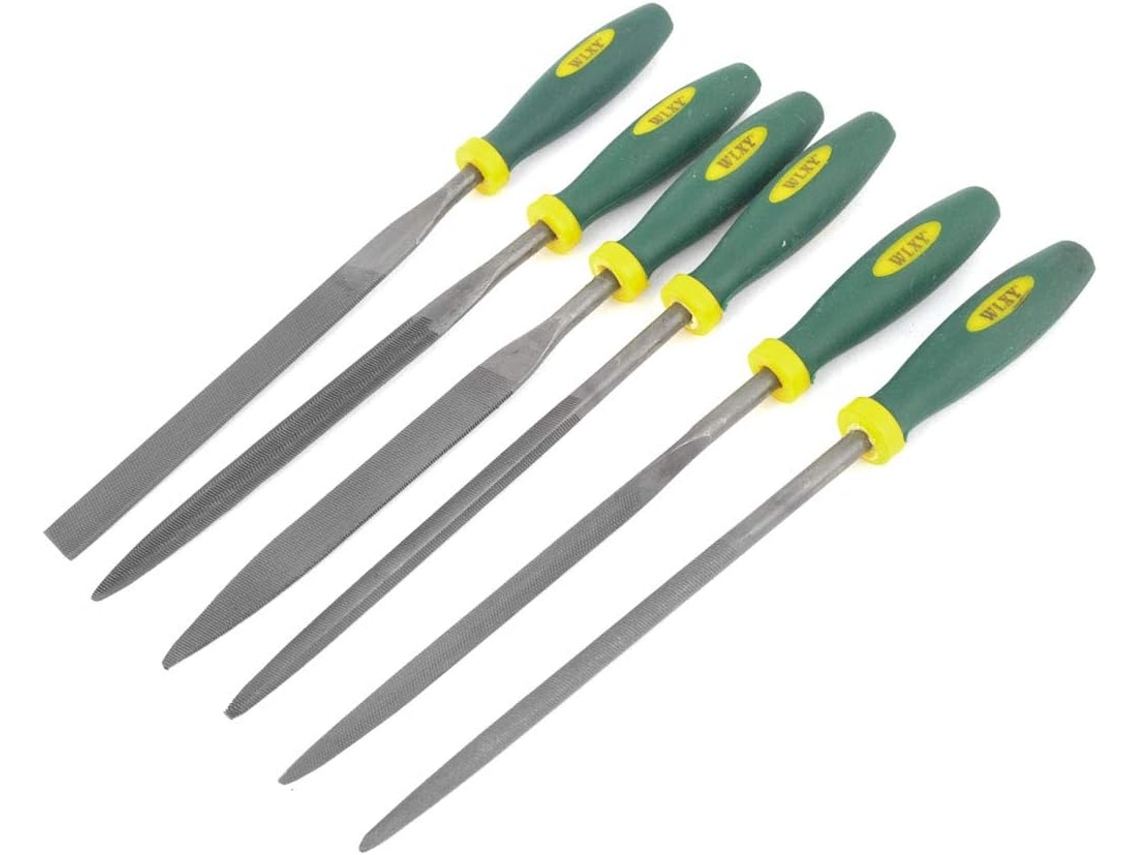 Juego de 6 limas de plástico de color verde grisáceo, redondas, planas, cuadradas, cónicas y chaberlu