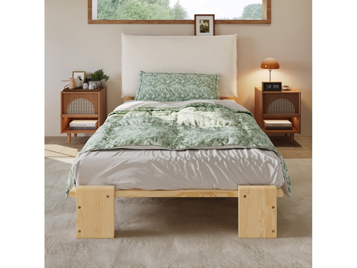 Cama Tapizada De 90x200 Cm Con Respaldo De Velcro, Base De Láminas Resistente, Madera De Pino + Espuma + Madera Contrachapada, Acabado Natural.
