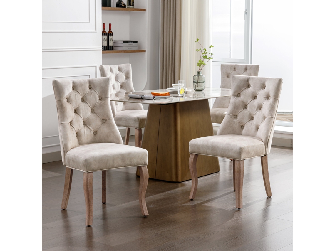 Juego de 4 sillas de comedor tapizadas en terciopelo crema con botones