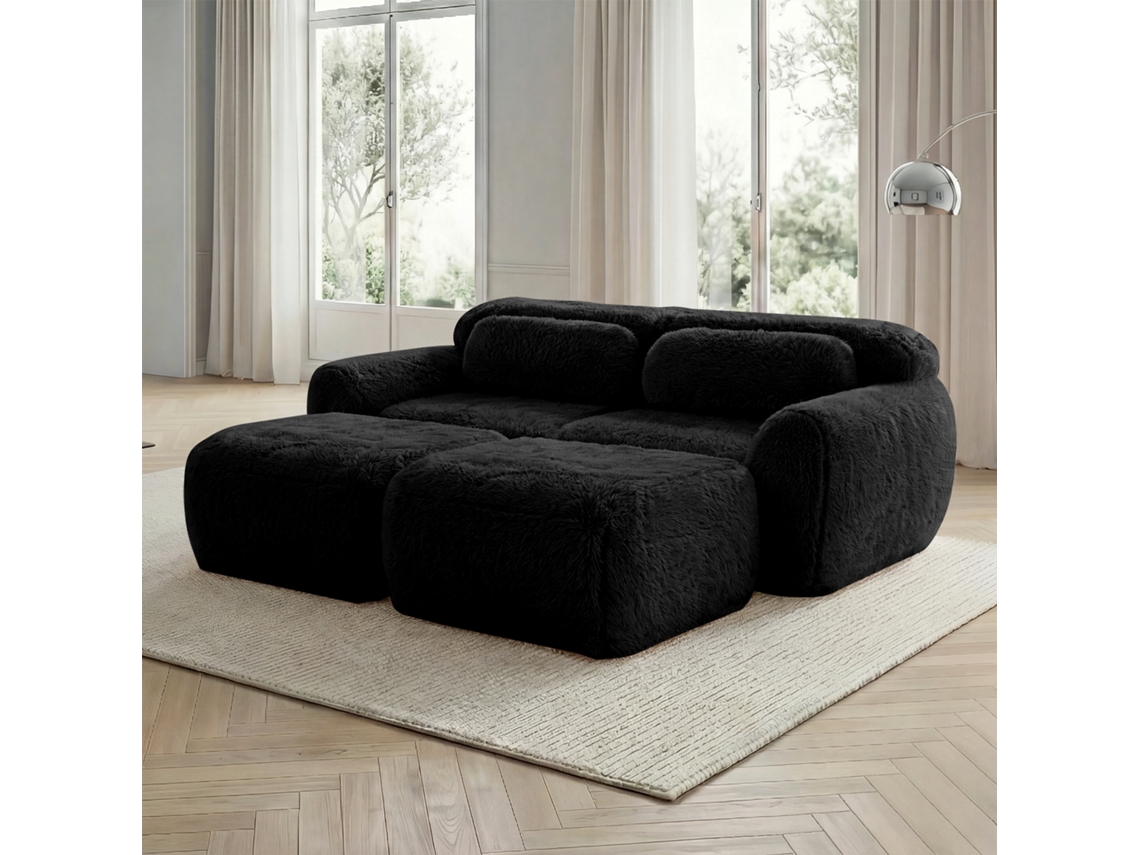 Sofá modular de 2 plazas con suave tejido de felpa y chaise longue en negro de MOBRIO