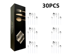Juego de cubiertos de acero inoxidable de 30 piezas, blanco con detalles dorados, estilo clásico.