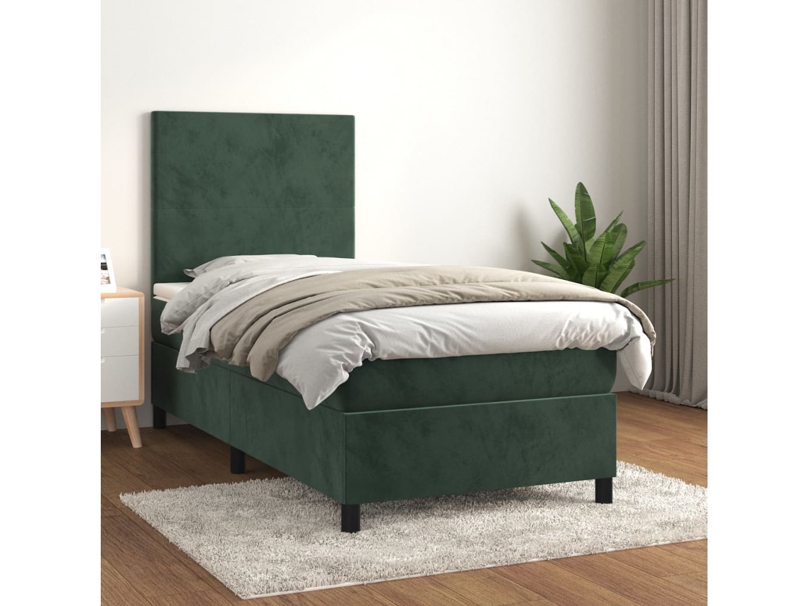 Cama Box Spring Con Colchón Terciopelo Verde Oscuro 90x190 Cm