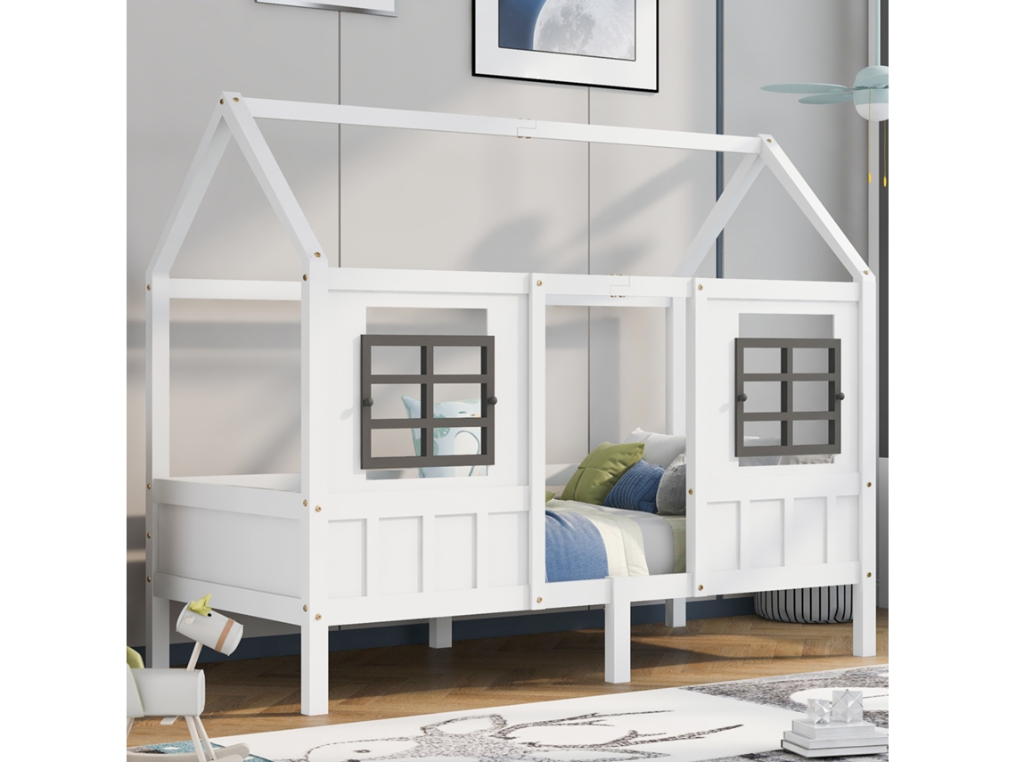 Cama de pino macizo de 90 x 200 cm con somier de láminas blancas