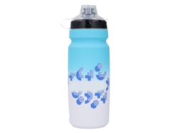 Botella para ciclismo de 750 ml, PP, segura, con tapa azul y blanca.