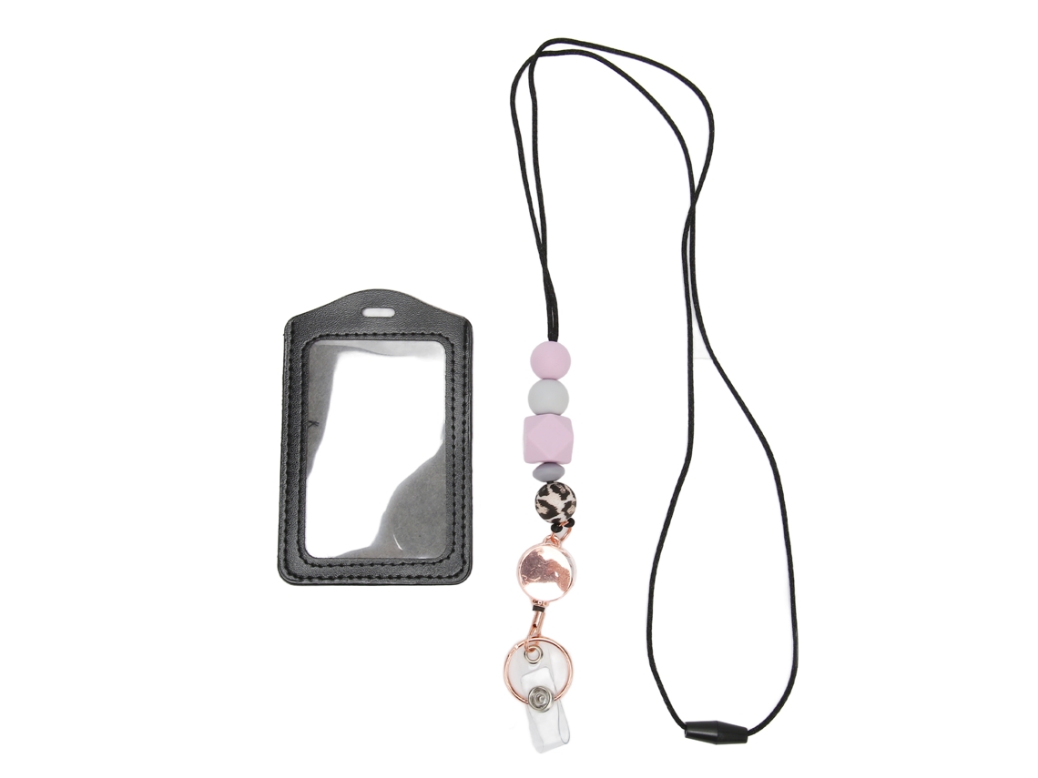 Cordón Con Perlas De Silicona Retráctil Con Porta Carné Transparente Para Estudiantes Y Trabajadores De Oficina Morado E