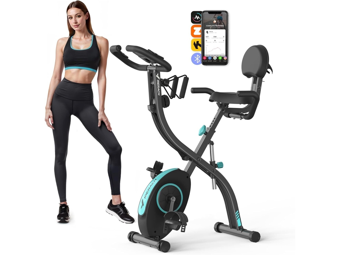 Bicicleta Estática MERACH 4 en 1, LCD, Bluetooth, APP, 16 Niveles Magnéticos, Monitor de Frecuencia Cardíaca, Plegable, Silenciosa, X-Bike, Negra
