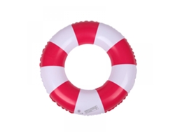 Flotador inflable rojo con rayas para adultos, ideal para fiestas de playa y verano.