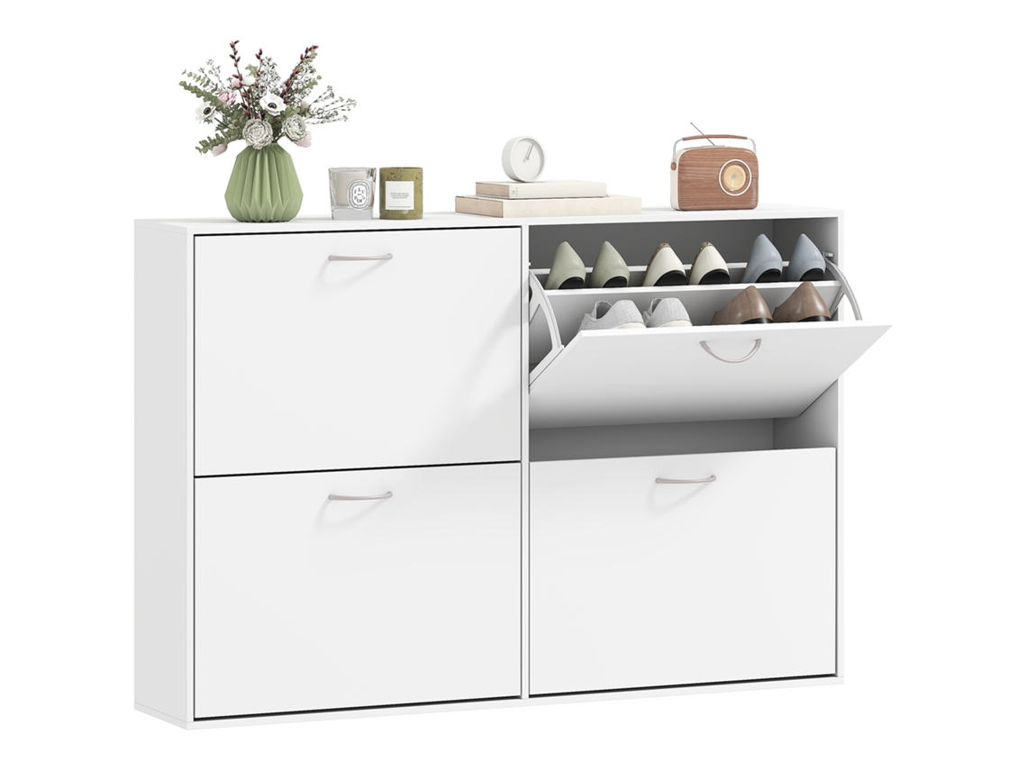 Zapatero grande de 120 cm con 4 puertas batientes y dos niveles, color blanco.