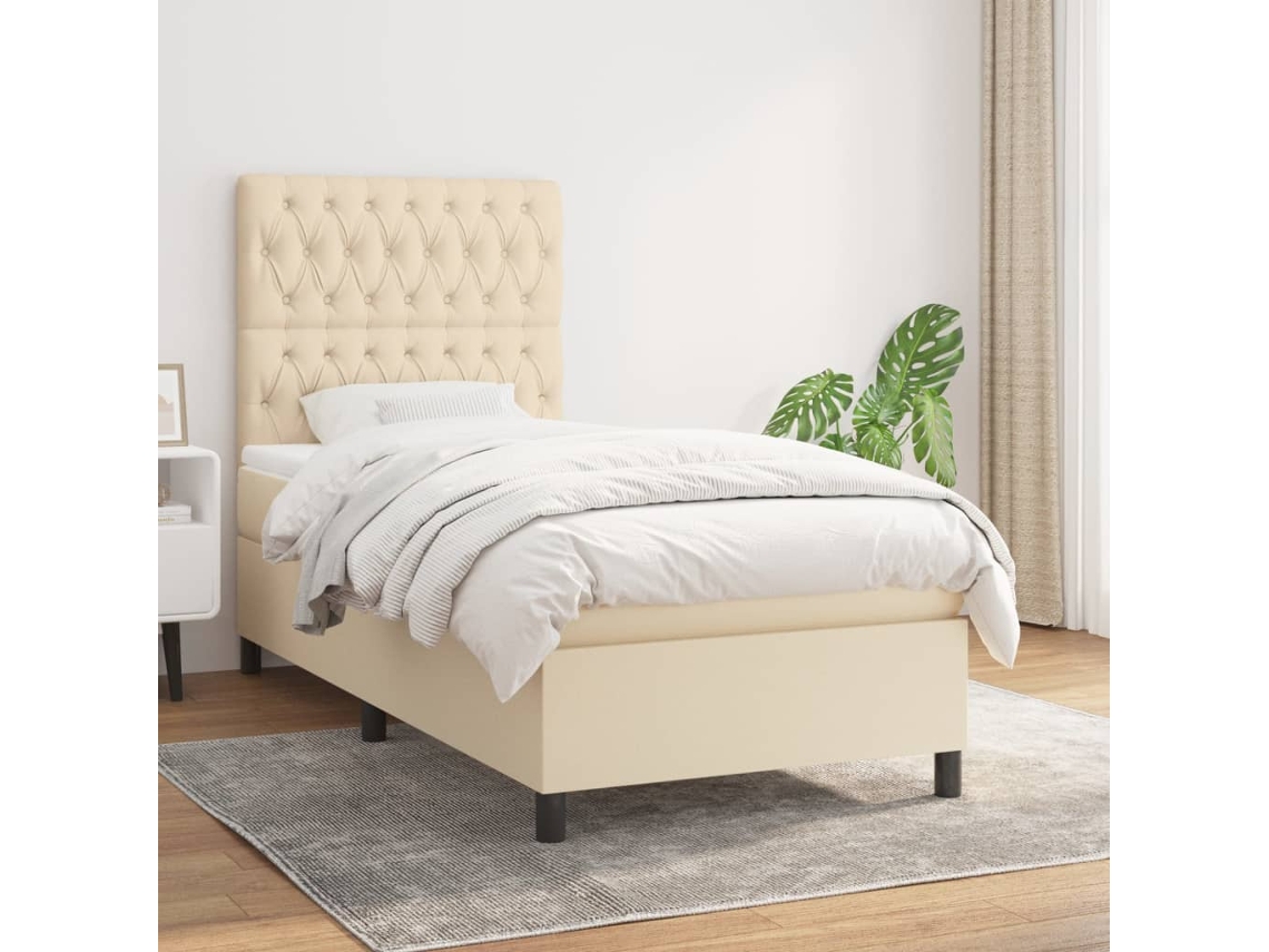 Cama Box Spring Con Colchón Tela Color Crema 90x190 Cm