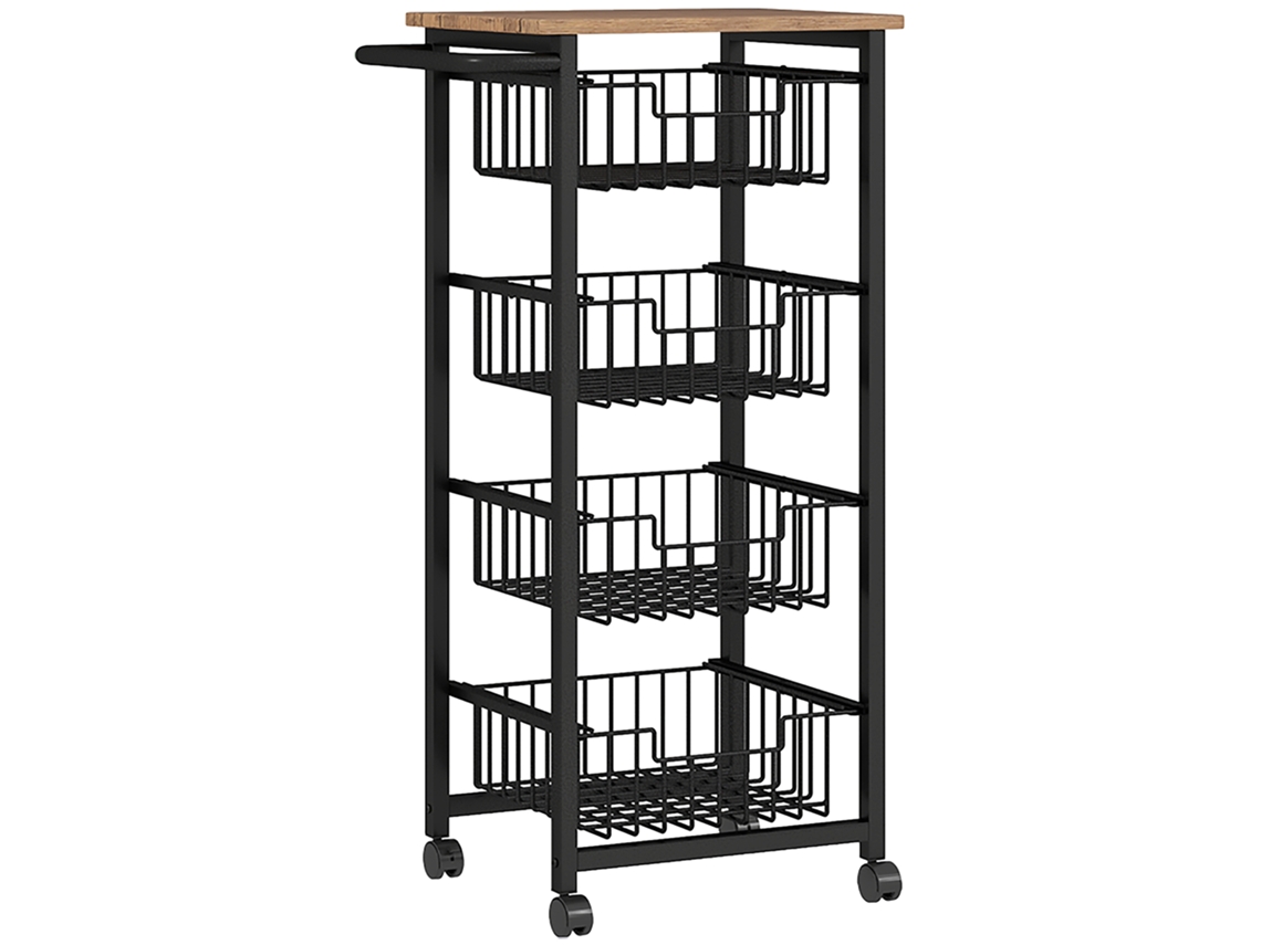 Carrito De Cocina Con Encimera, 4 Cestas De Acero Extensibles, Para Oficina, 49,5 X 31 X 91 Cm, Color Roble