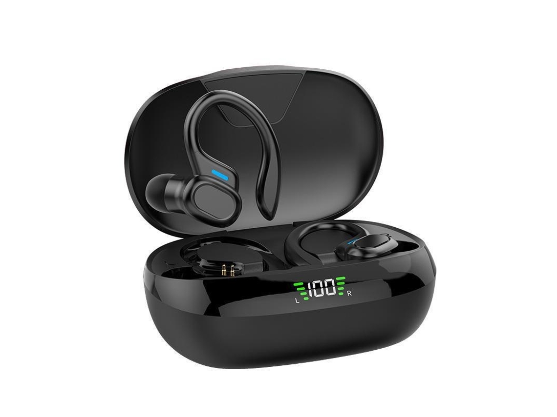 Auriculares Bluetooth con gancho para la oreja, Bluetooth 5.3, estuche de carga inalámbrica, pantalla digital, graves profundos, resistentes al agua IPX5, color negro