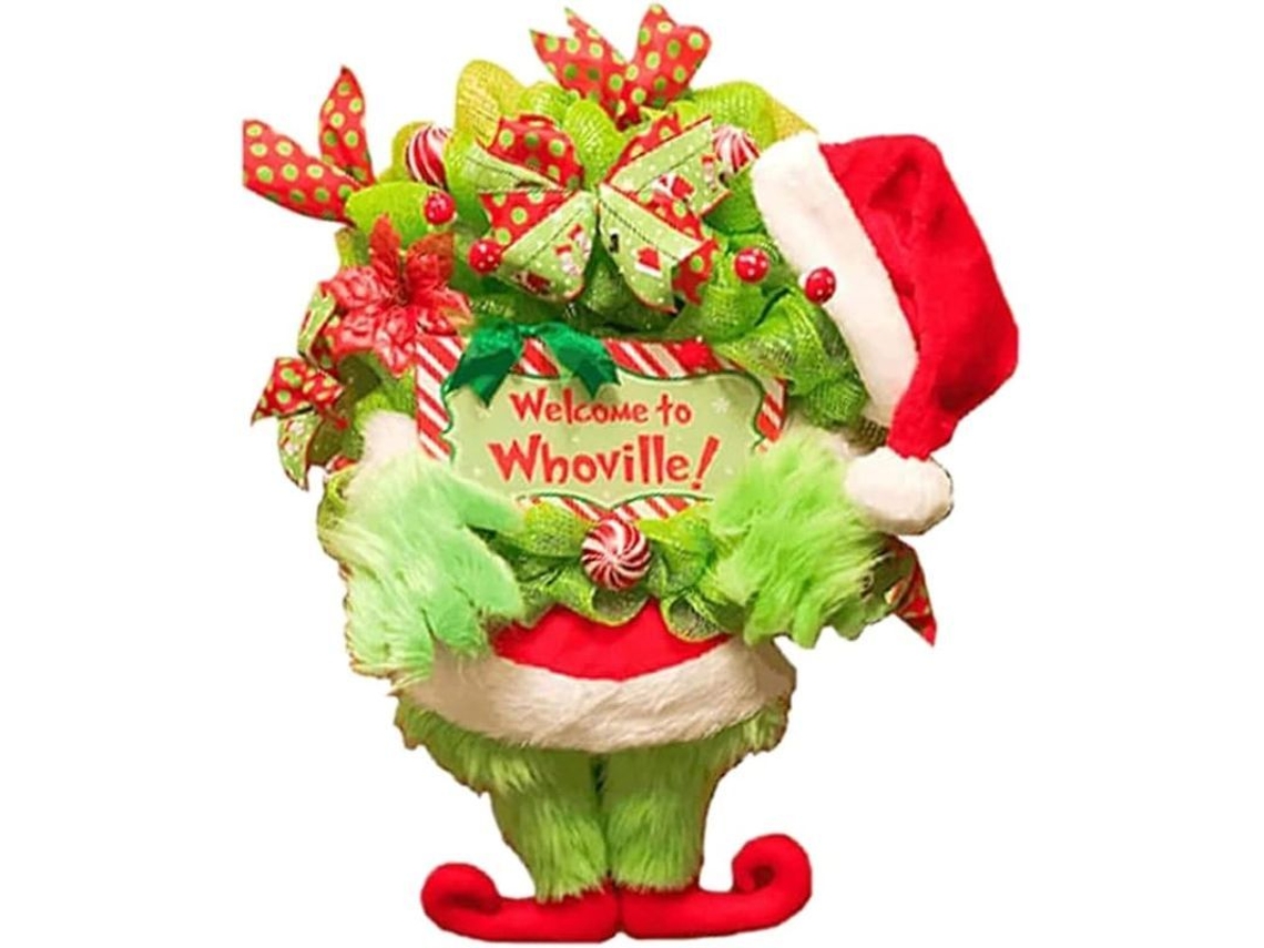 Guirnalda De Navidad Grinch Con Piernas De Peluche Para Puerta Principal Decoración De Jute Y Arco