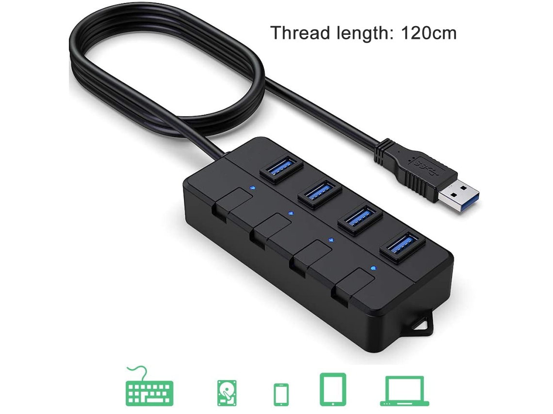 MEOIRUERY Concentrador USB 3.0, Divisor de 4 Puertos con Cable Extendido 0.6m/1.2m, Concentrador de Datos con Interruptores LED Individuales para Mac Mini / IMa