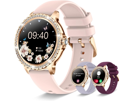 VEANXIN Reloj inteligente Reloj inteligente HD de 1,32 pulgadas Rastreador de actividad a prueba de agua: oro rosa, diamantes y correa de silicona