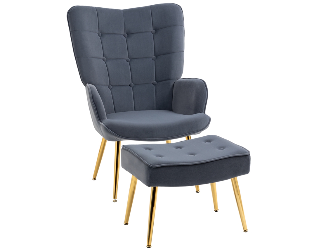 Sillón Con Reposapiés, Sillón Tapizado Con Respaldo Alto, Patas De Acero Dorado Y Tela De Terciopelo Gris Oscuro.