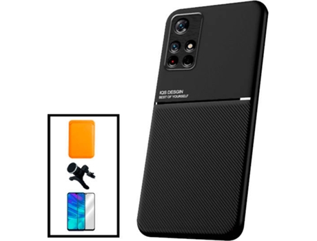 Kit Funda Magnetic Lux, Magnetic Wallet Naranja, 5D Full Cover y Soporte Magnético de Coche Reforzado Xiaomi Poco M4 Pro 5G PHONECARE Negro