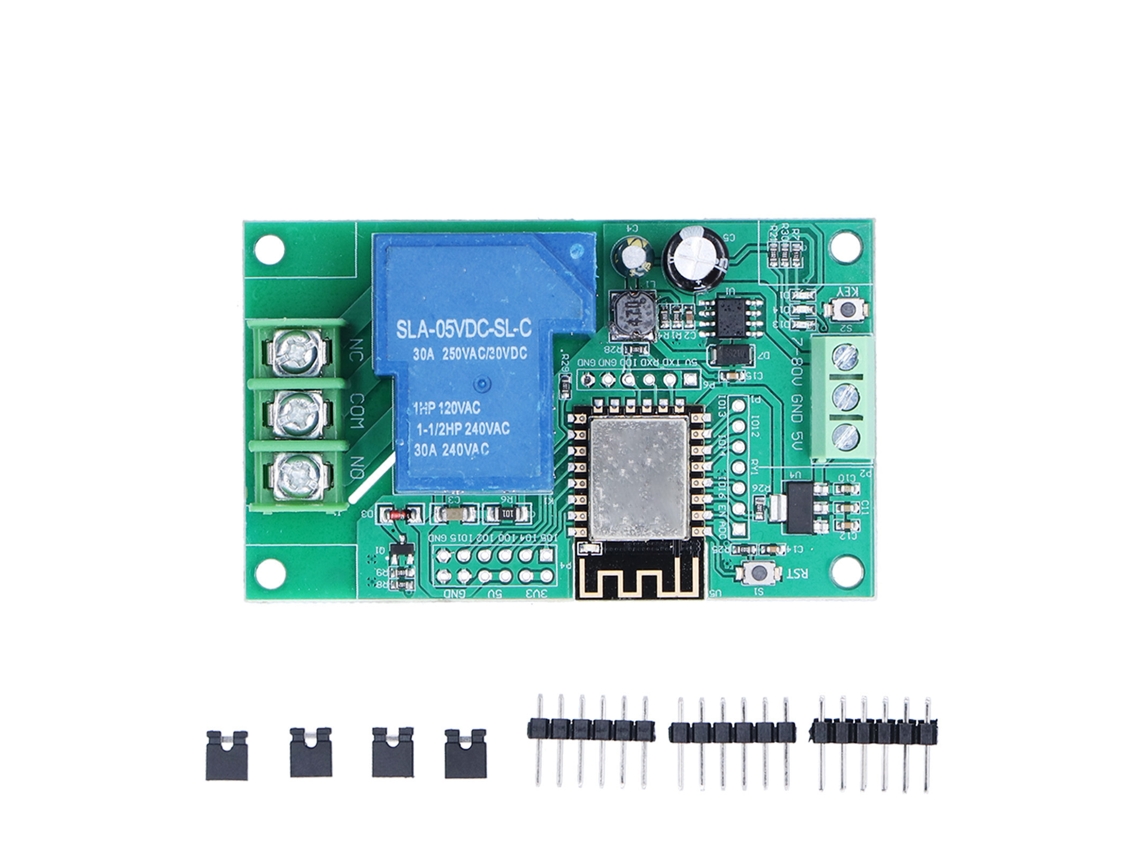 Módulo De Relé De 30 A Y 1 Canal Con Placa De Control Wifi Esp-12f Con Pines Y Conectores.