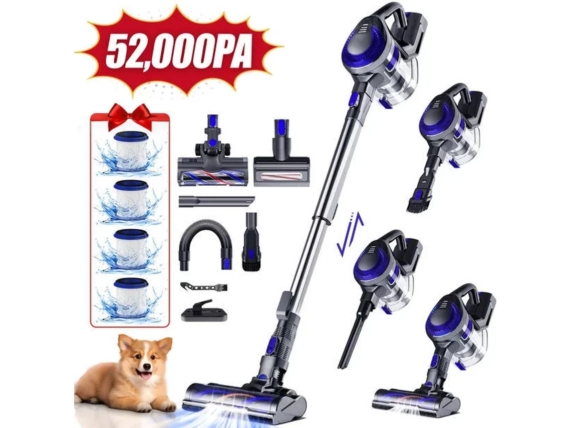 Aspiradora vertical inalámbrica 5 en 1, 52000 Pa/560 W, práctico tubo flexible, 60 min de autonomía, kit para mascotas, cepillo antipelos y tubo de extensión flexible. Adormii