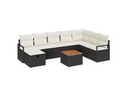 Conjunto 9 De Sofá De Jardín Con Cojines Negro Y Crema Ratán Poliéster Vidaxl Negro Ratán
