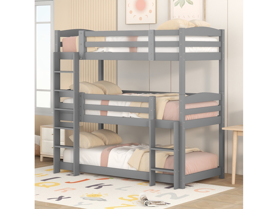 Litera Triple De Madera De 90x200 Cm, Gris.