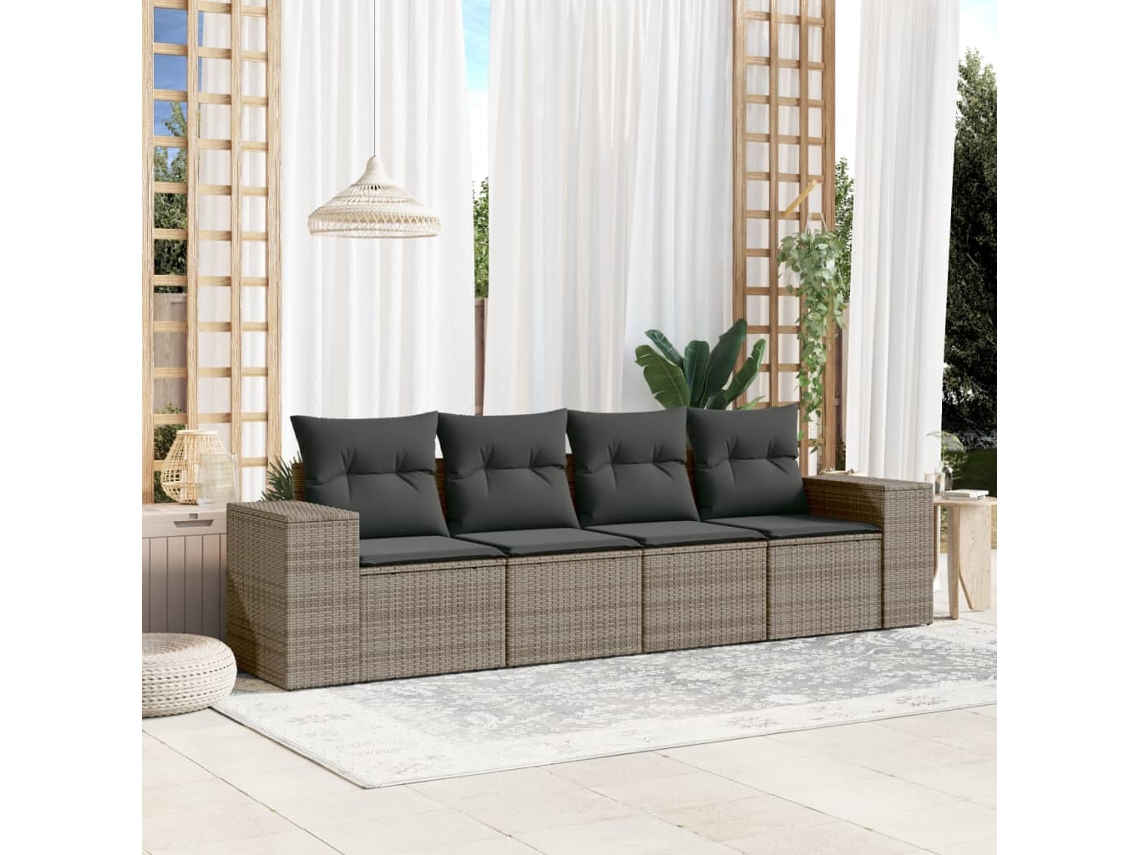 Conjunto de sofá de jardín de 4 piezas con cojines, ratán gris, DKD Home Decor