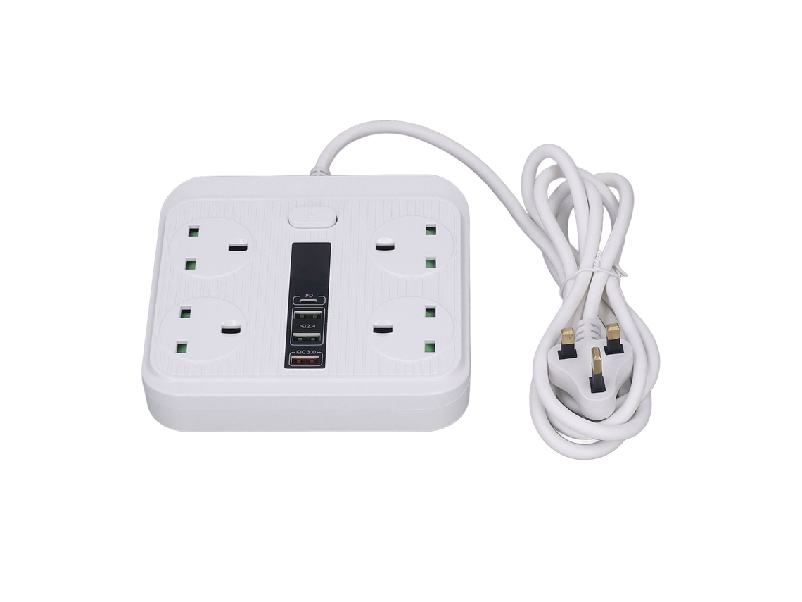 Enchufe multifuncional 8 en 1 con puertos USB PD QC y cable de 2 m, ideal para el hogar.