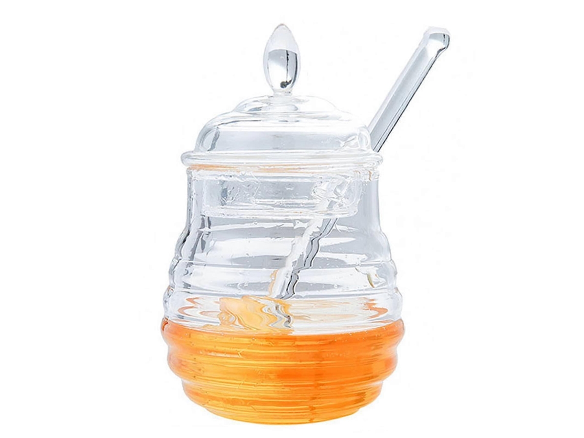 Tarro de miel de cristal con tapa y cucharón, 235 g (8,3 oz), dispensador de miel de cristal duradero para almacenamiento en la cocina.