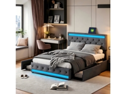 Cama Almacenable 140x190 Cm Con Luz Led Y Usb, Cabecero Ajustable, Para Adultos Y Adolescentes, Lino Gris Rosahqnda