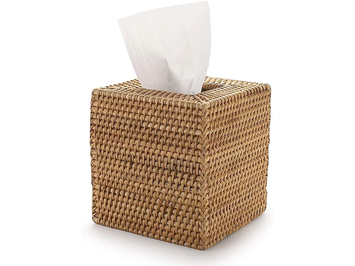 Servilletero cuadrado de papel, decorativo de ratán tejido a mano, materiales naturales para baño, dormitorio, oficina y tocador de cocina.
