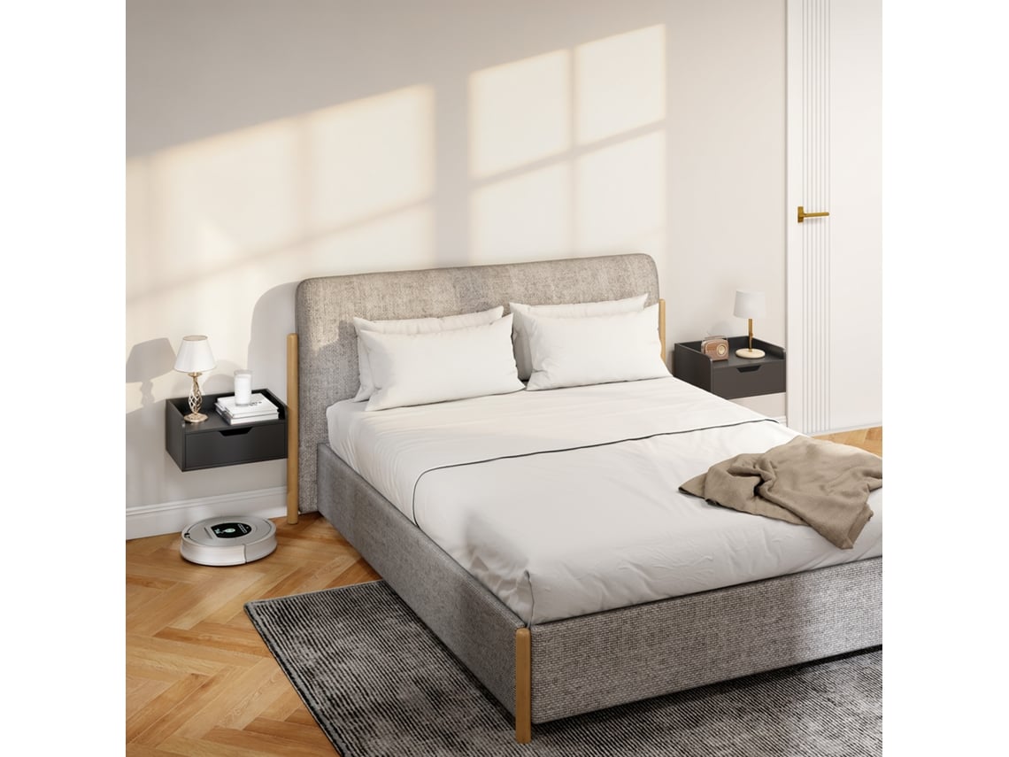 Conjunto De 2 Mesas De Cabeceira Suspensas, Com 1 Gaveta, Para Quarto, 40x30x19,5 Cm, Pretas.
