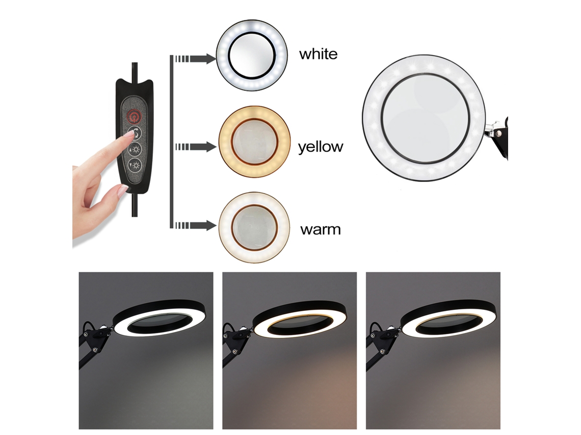 Lupa de mesa 5x con luz LED ajustable, 3 modos, regulador de intensidad, USB, luz de lectura, plegable (sin marca)