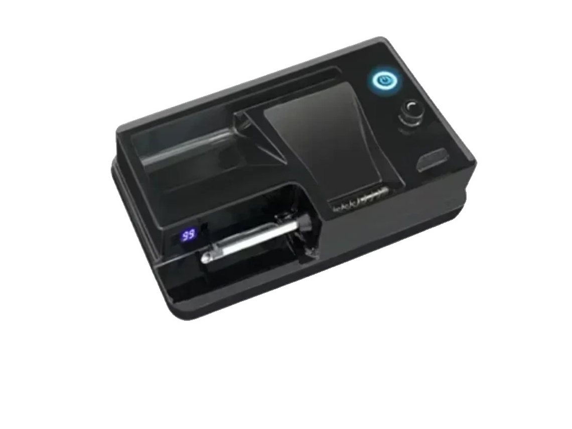 Máquina expendedora automática de cigarrillos, acero inoxidable, diseño fácil de usar, color negro.