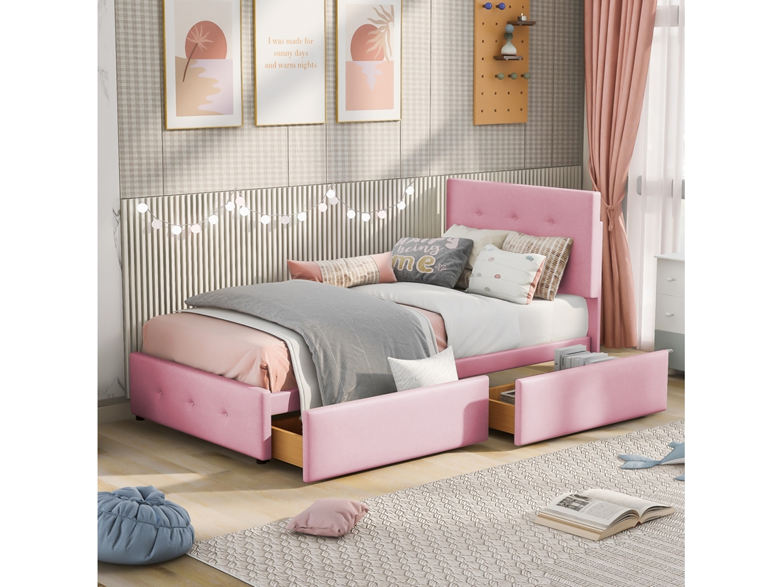 Cama Tapizada Rosa, 90x200 Cm, Terciopelo, Base De Láminas, 2 Cajones, Infantil.
