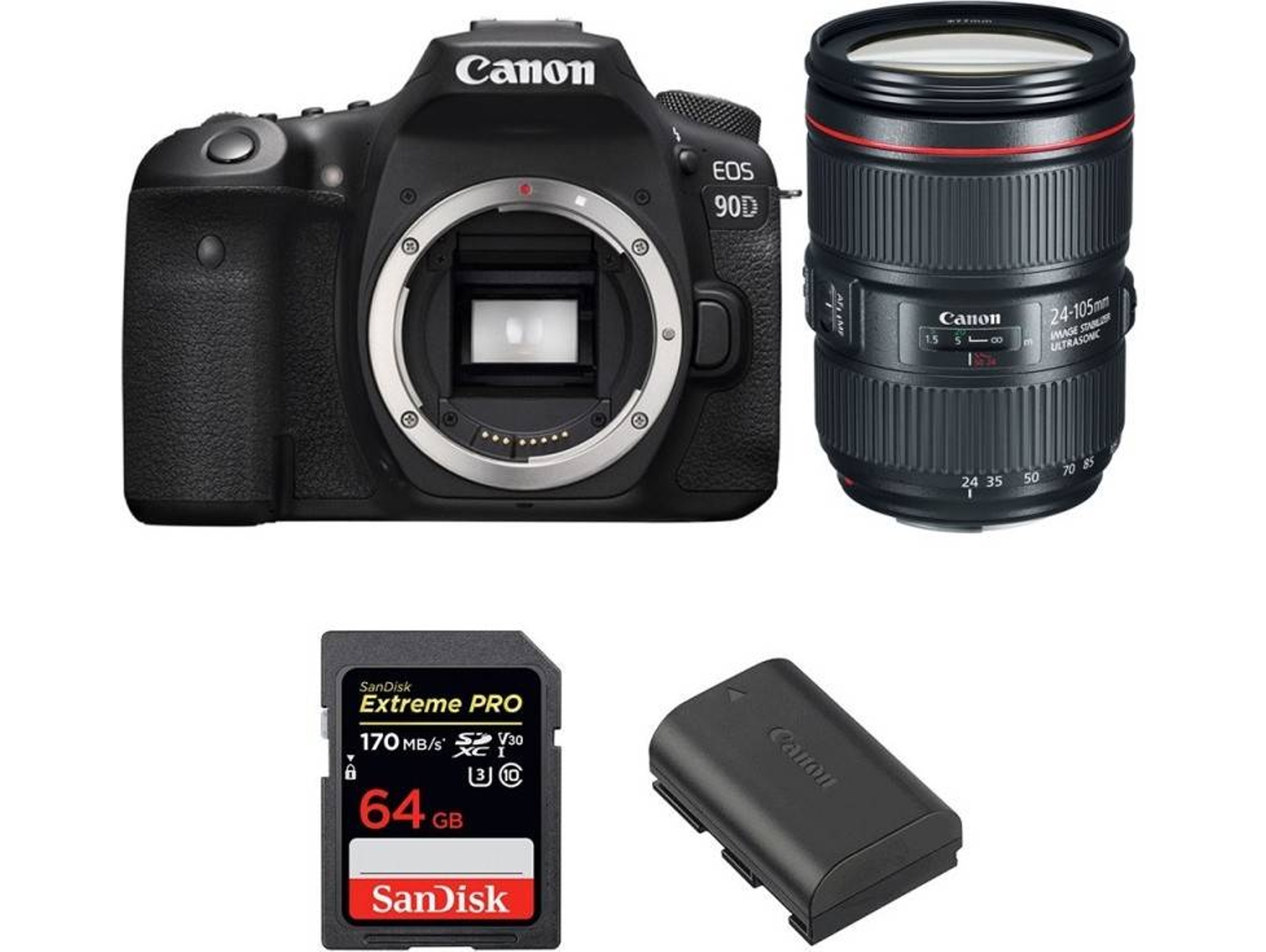 Kit Cámara Réflex CANON EOS 90D + EF 24-105mm f/4L IS II USM + SanDisk 64GB + LP-E6N