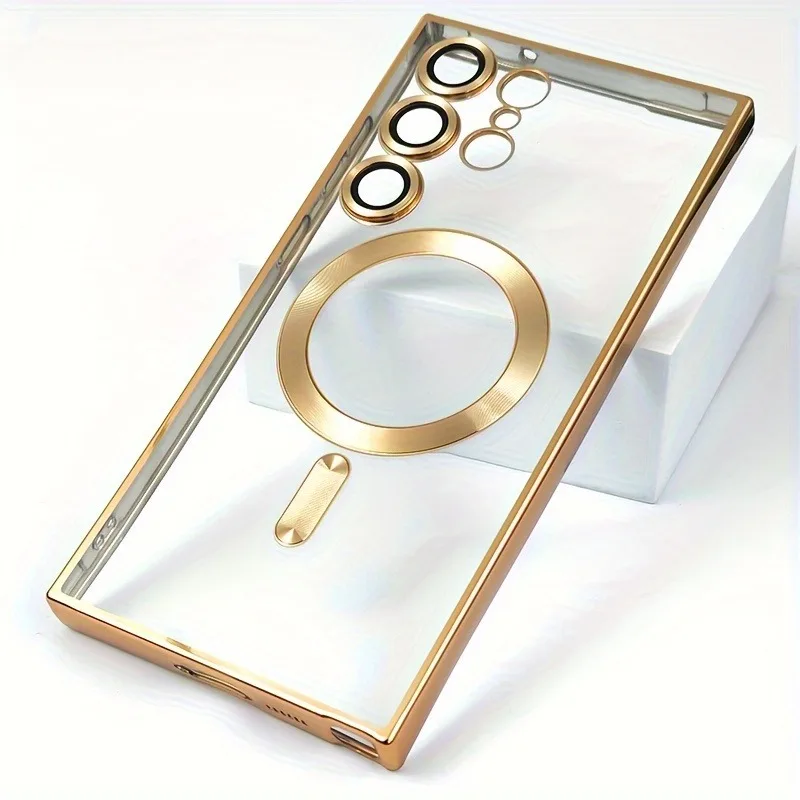 (gold Galaxy S25) Funda Magnética Transparente Galvanizada Para Samsung, Protector De Lente Suave