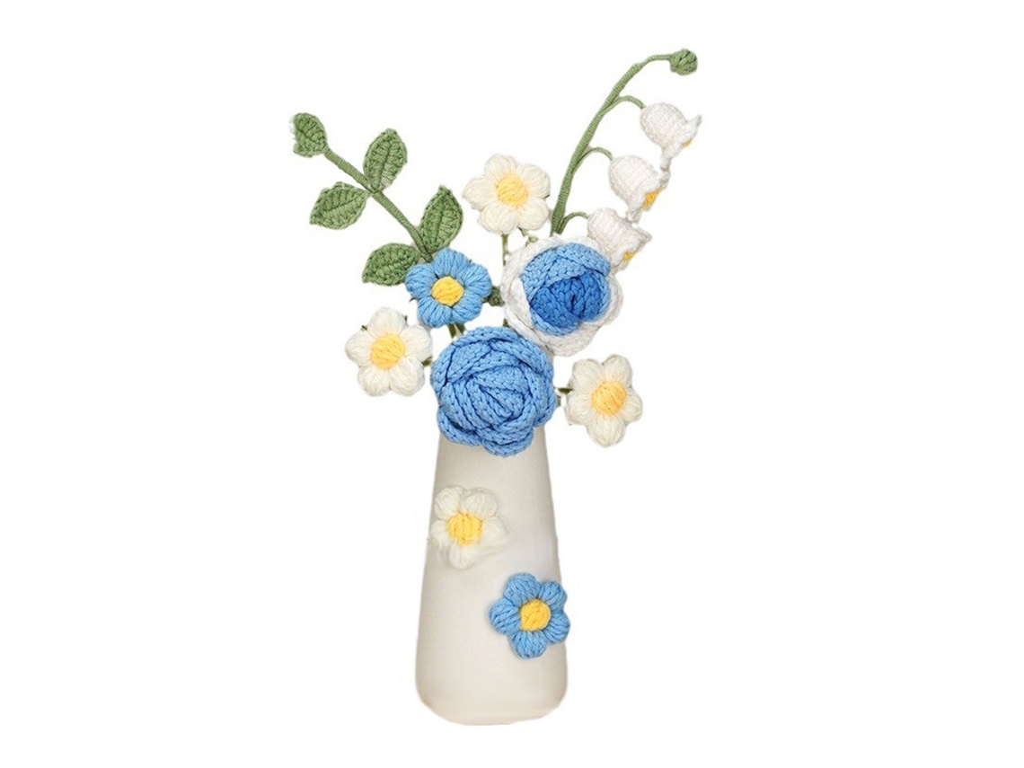 Flor artificial de lã tricotada à mão com vaso de cerâmica, presente de mesa em crochê